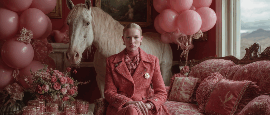 Mujer vestida de rosa con un caballo de fondo en una habitación
