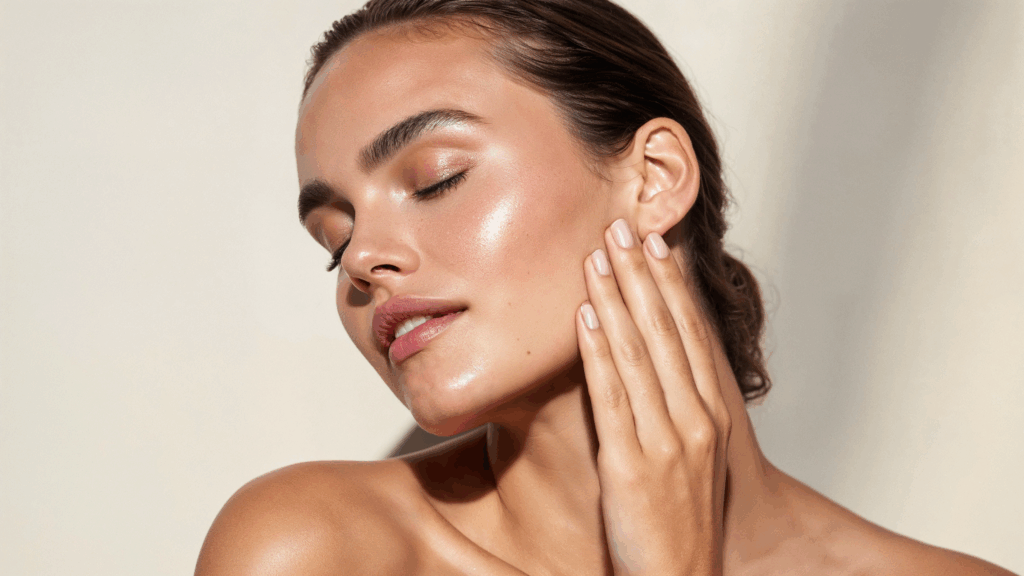 Mujer tocándose la piel maquillada