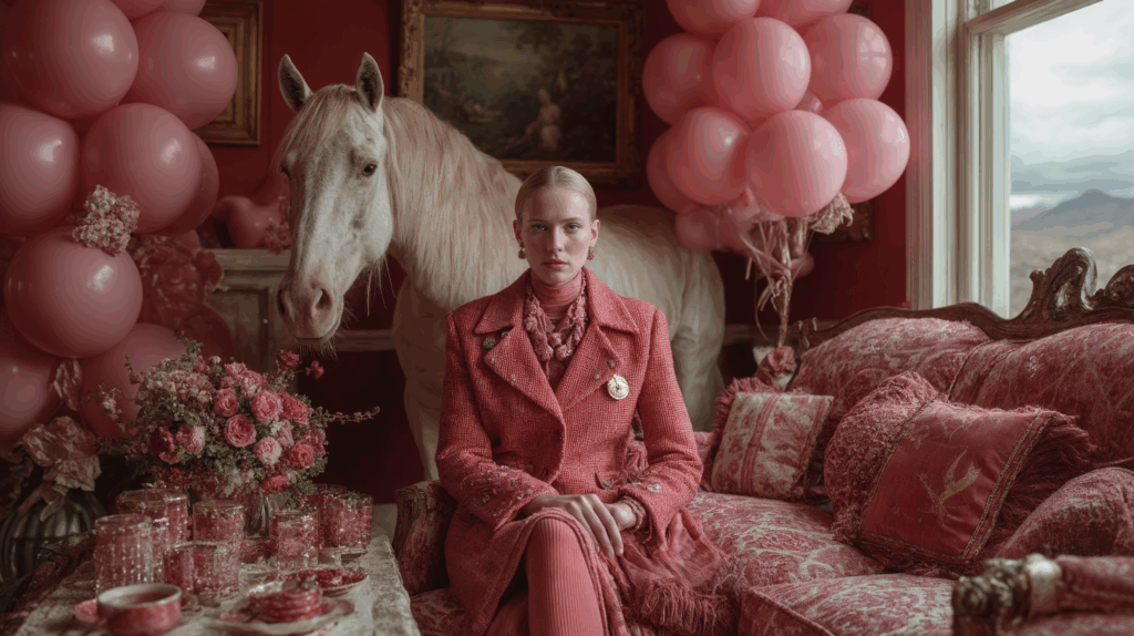 Mujer vestida de rosa con un caballo de fondo en una habitación