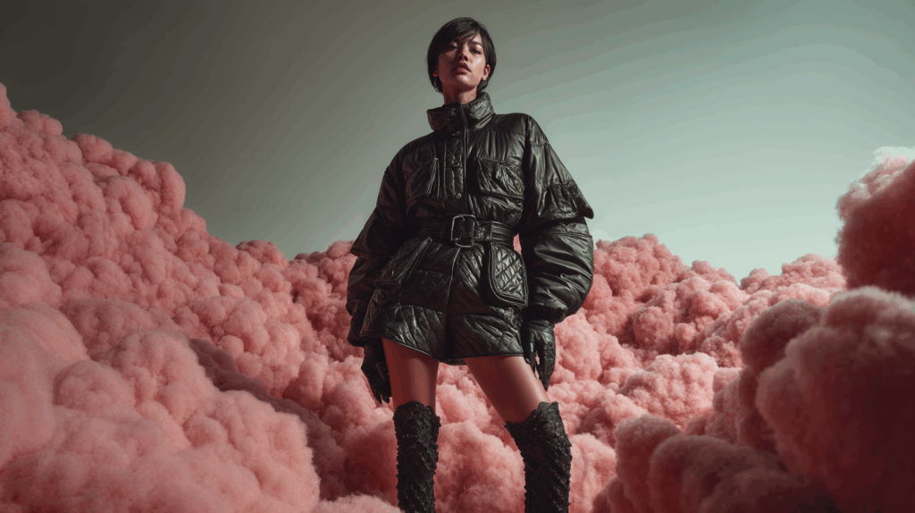 Mujer vestida de negro sobre un fondo de nubes rosas