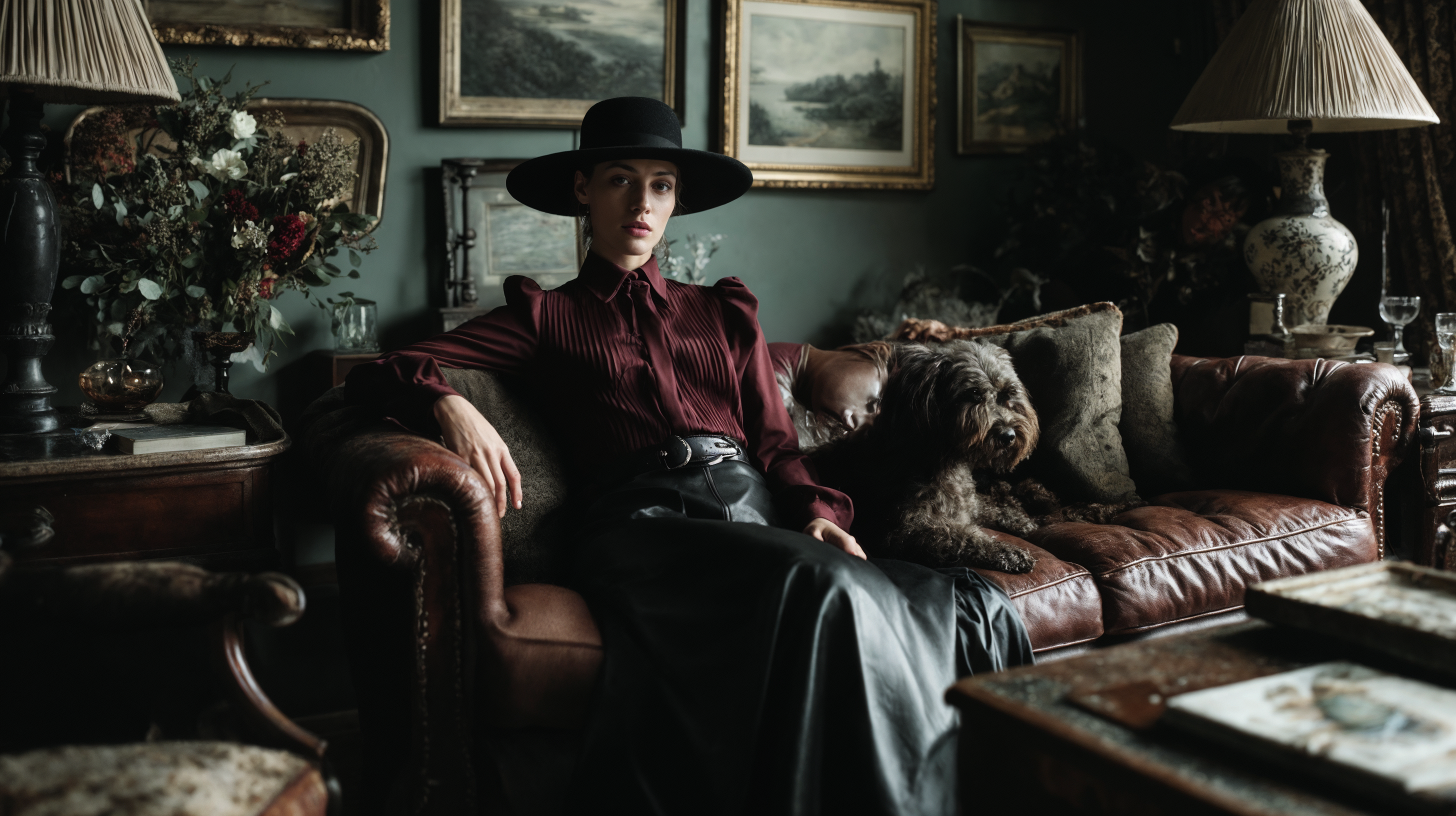 Mujer vestida a la moda sentada en un sofá