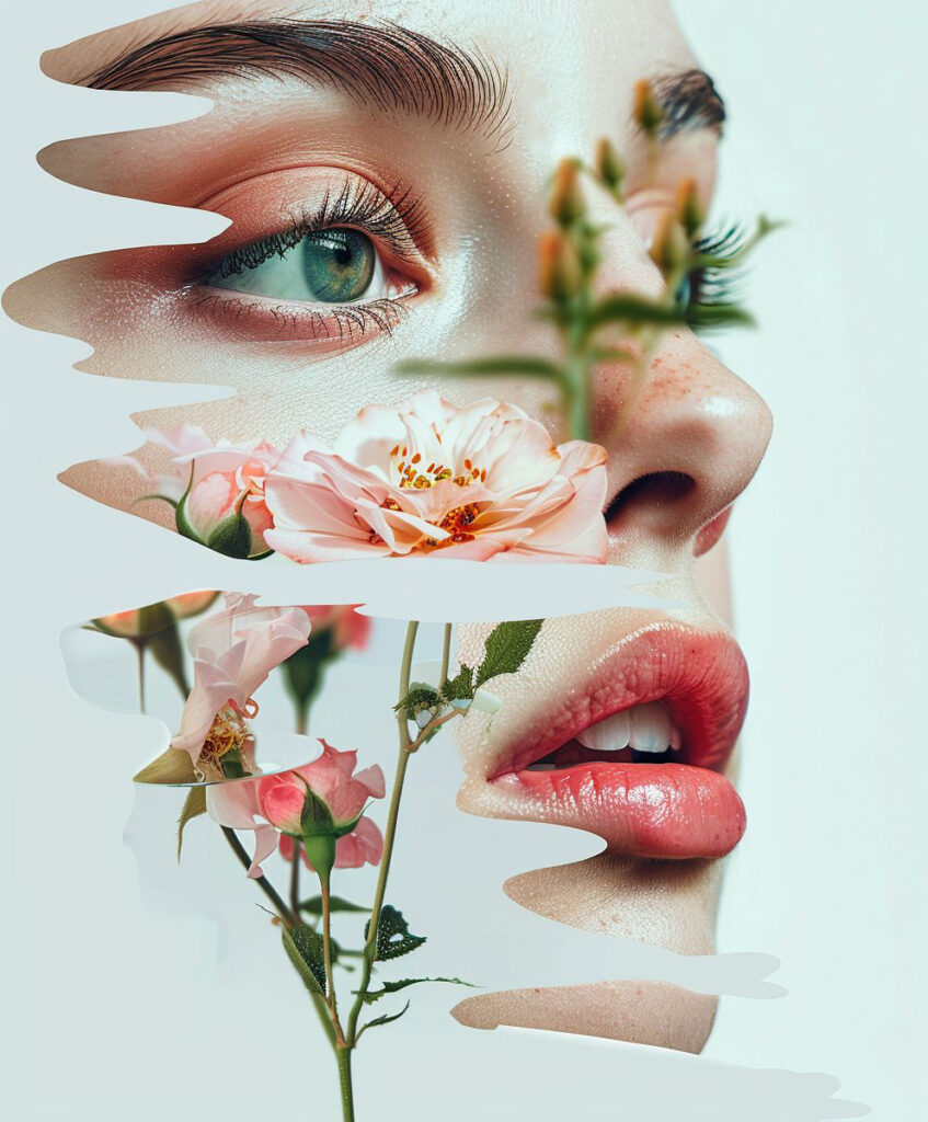 Mujer mirando al infinito con fondo floral