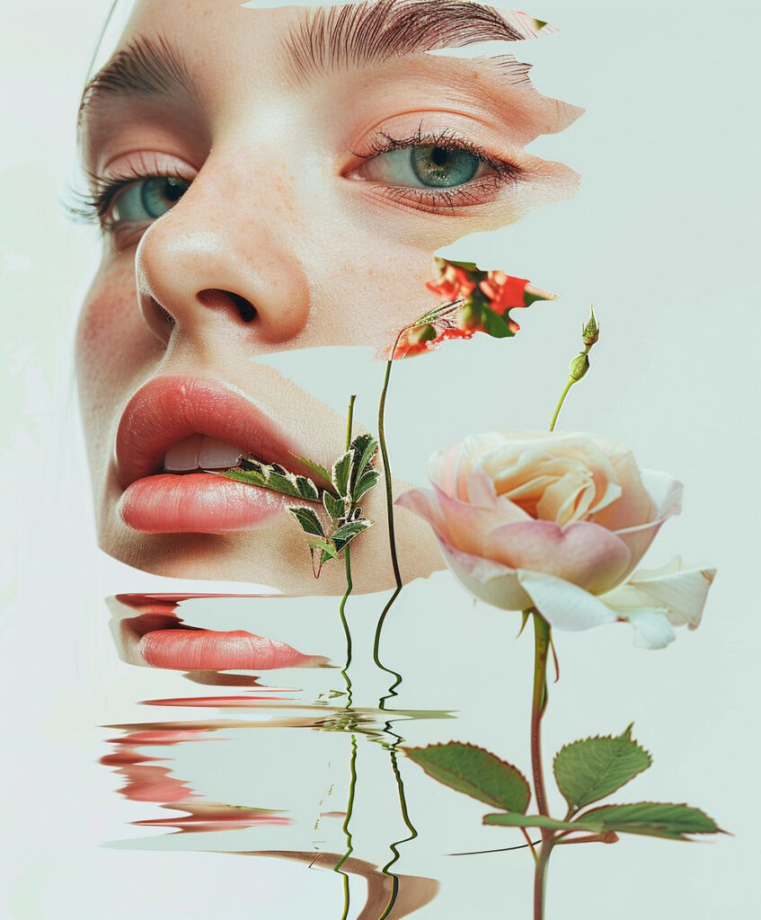 Mujer mirando a cámara con fondo floral