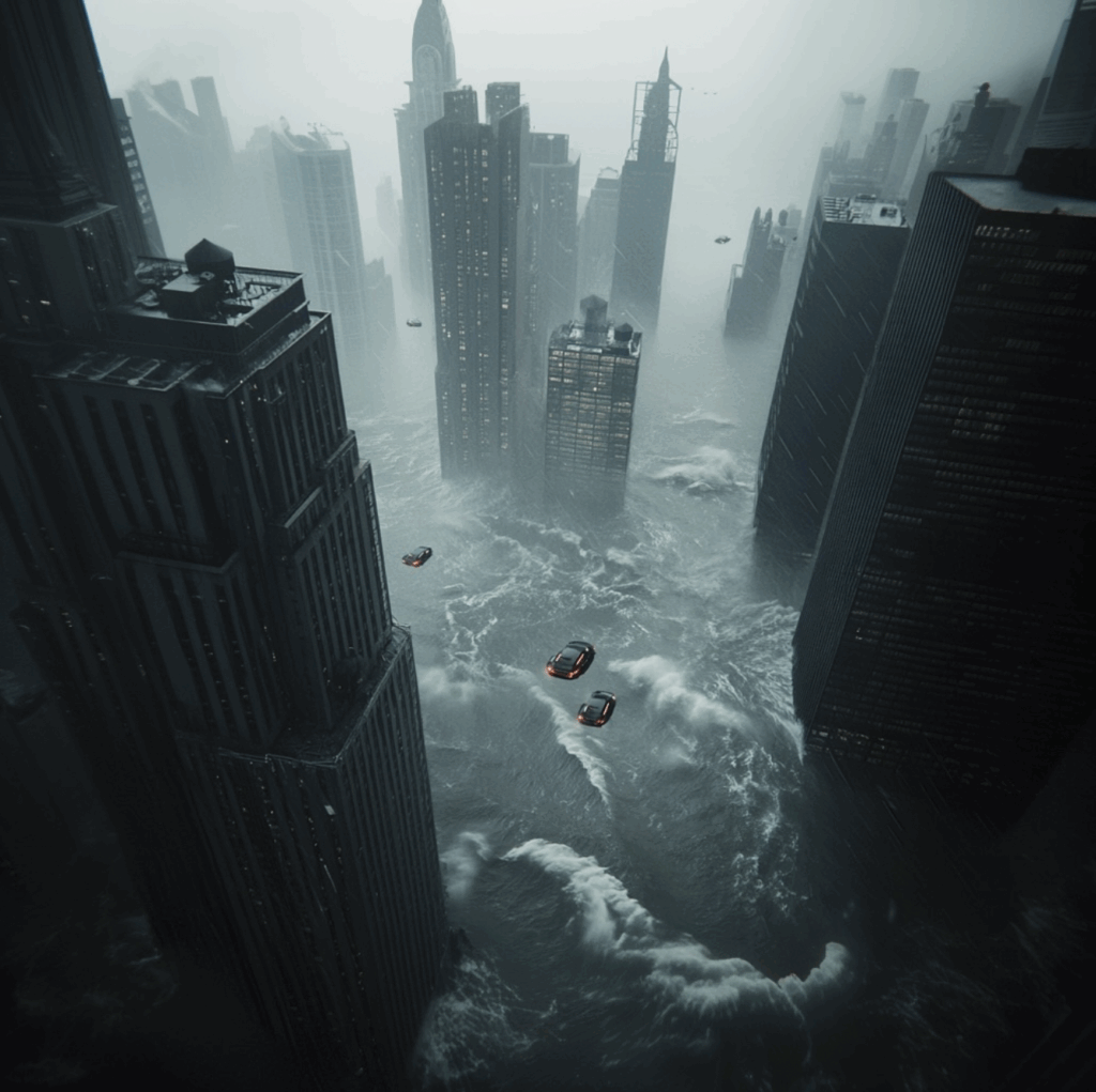 Rascacielos en mitad del mar con vehículos sobrevolando