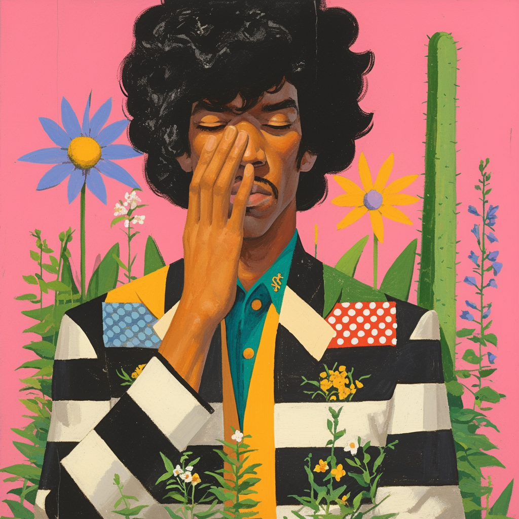 Hombre tocándose la cara con vegetación de fondo